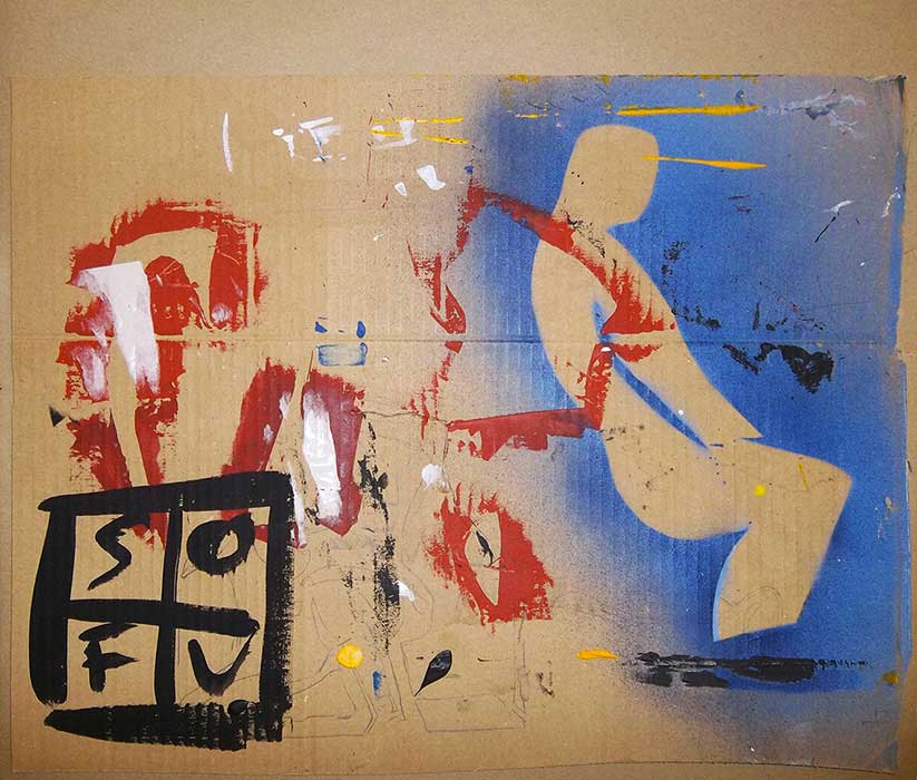 Acrylic, spray paint and stencils on cardboard